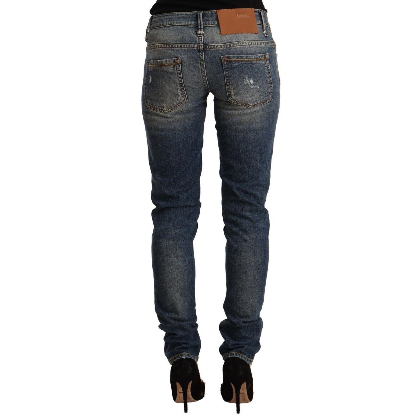 Acht Blue Washed Cotton Mid Waist Skinny Denim Jeans