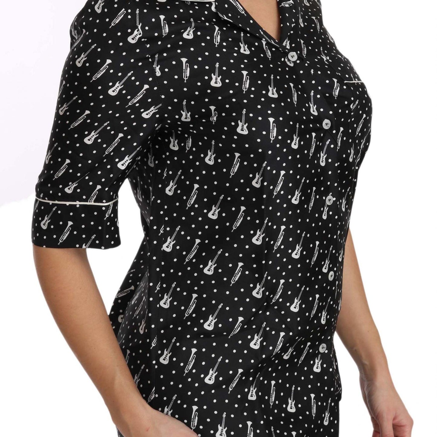 Dolce & Gabbana Black GuitarTrumpet Print Silk Shirt Top