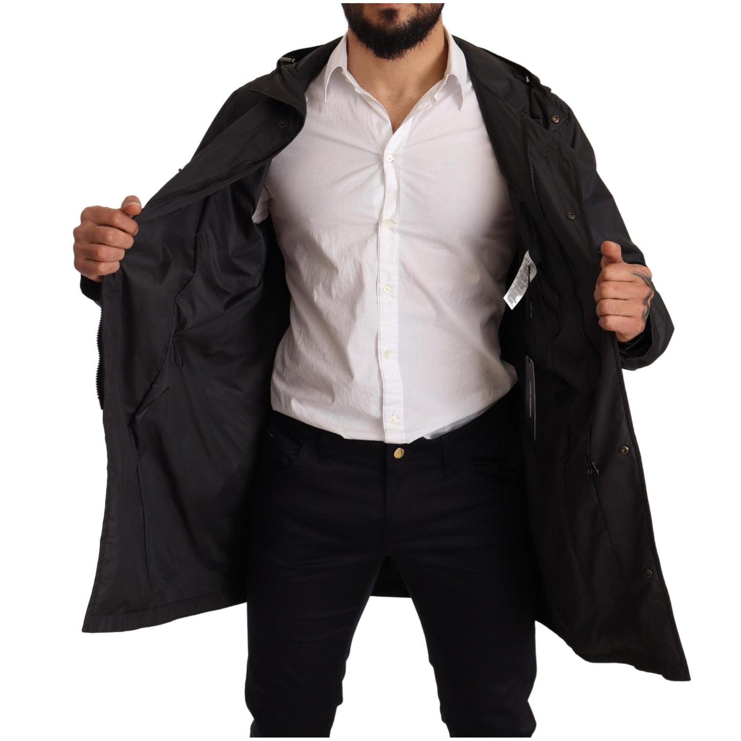Dolce & Gabbana Black Hooded Mens Trench Coat Jacket