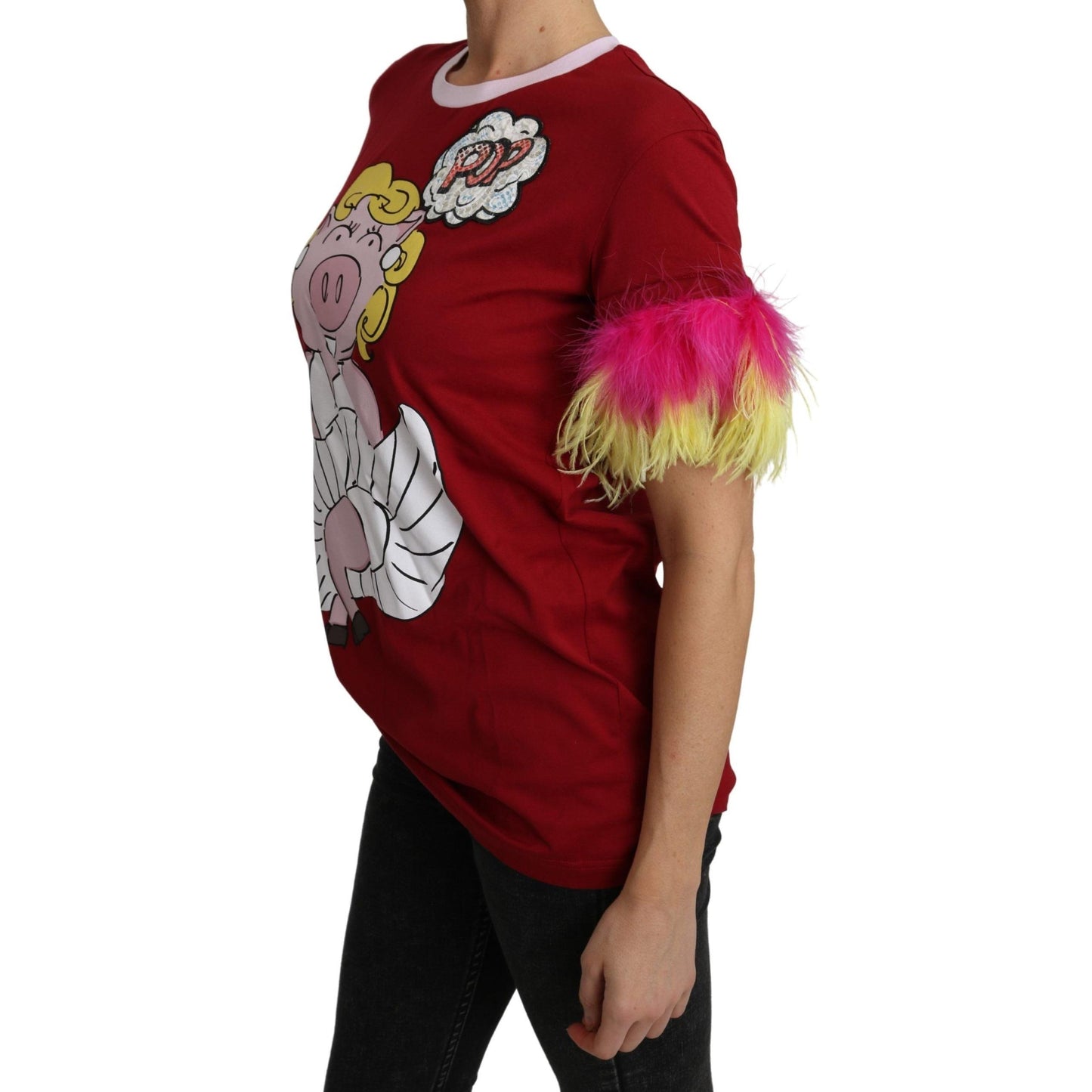 Dolce & Gabbana Red Pig Print Feather Sleeves T-shirt Top