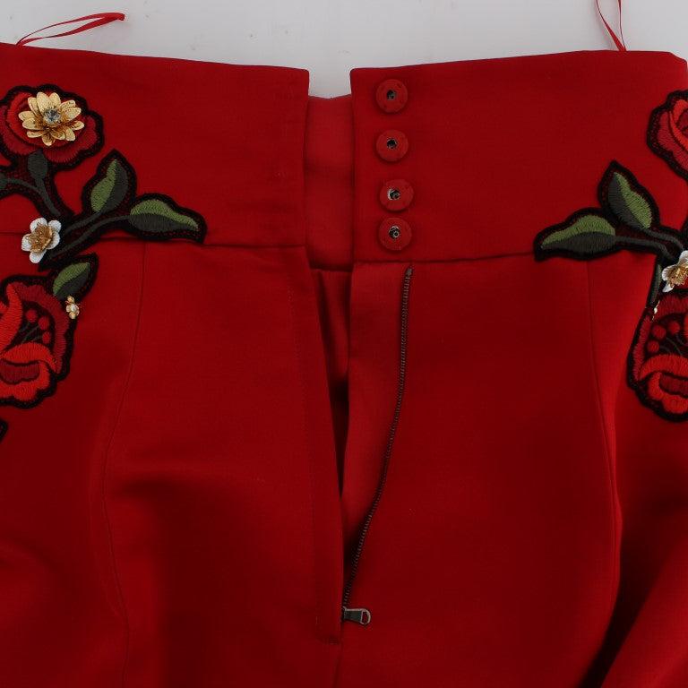 Dolce & Gabbana Red Silk Crystal Roses Shorts