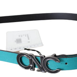 Costume National Blue Green Leather Logo Silver Buckle Belt