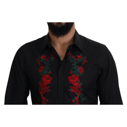 Dolce & Gabbana Black Floral Embroidery Men Long Sleeves GOLD Shirt