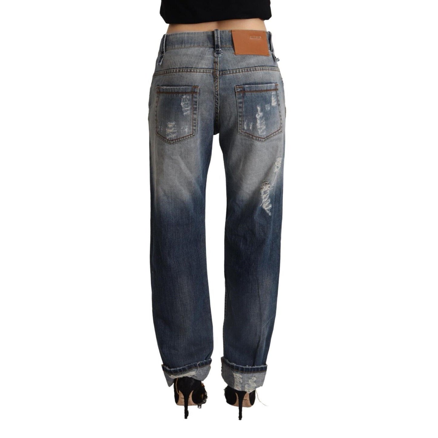 Acht Blue Tattered Mid Waist Straight Denim Cotton Jeans
