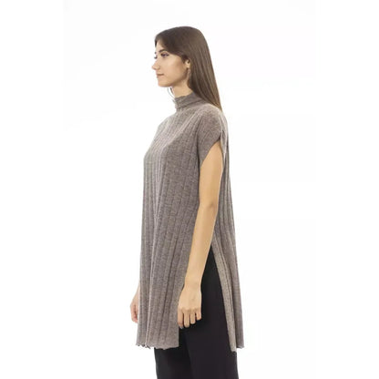Alpha Studio Brown Wool Women Sweater with Turtleneck and Side Slits