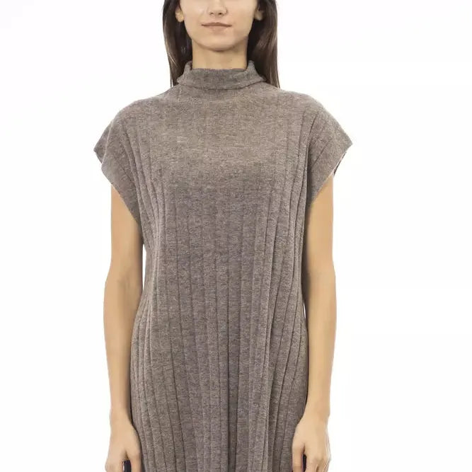 Alpha Studio Brown Wool Women Sweater with Turtleneck and Side Slits