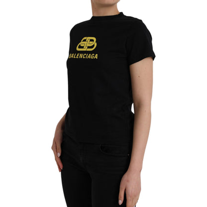 Balenciaga Black Cotton Logo Print Crew Neck Short Sleeves T-shirt
