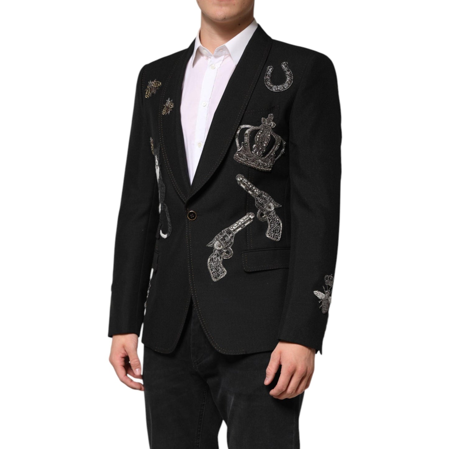 Dolce & Gabbana Black Bee Crown Embellished Suit Coat Blazer