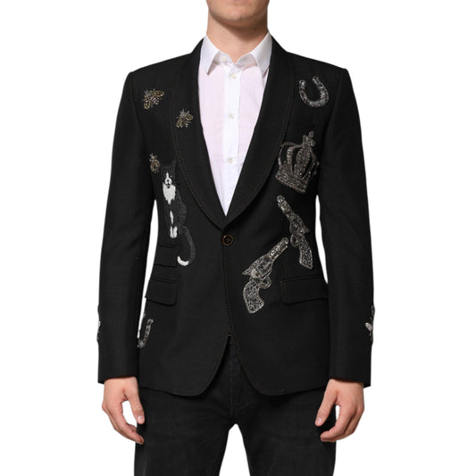 Dolce & Gabbana Black Bee Crown Embellished Suit Coat Blazer