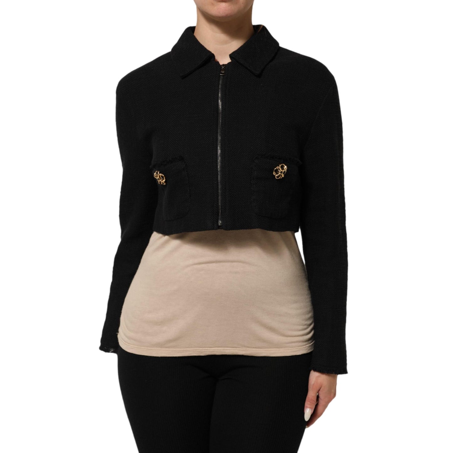 Dolce & Gabbana Black Cotton Full Zip Cropped Coat Jacket