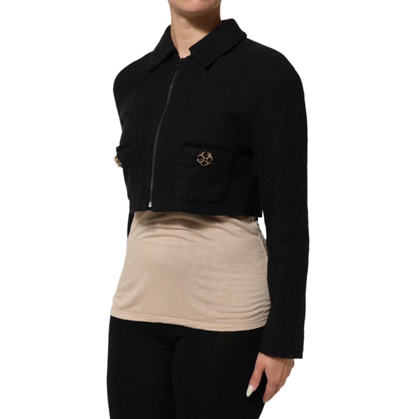 Dolce & Gabbana Black Cotton Full Zip Cropped Coat Jacket