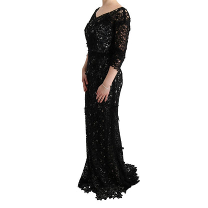 Dolce & Gabbana Black Cotton Silk Floral Long Dress