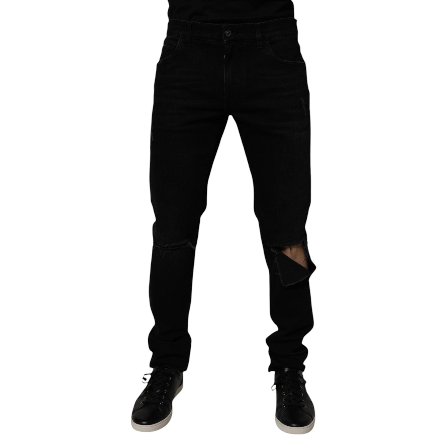 Dolce & Gabbana Black Cotton Tattered Skinny Men Denim Jeans