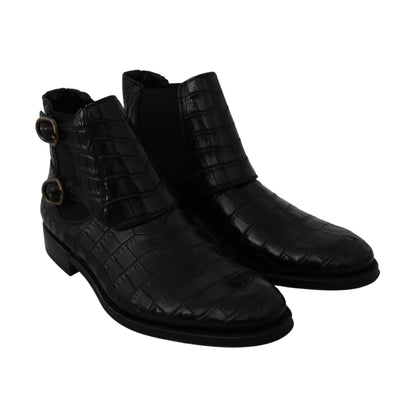 Dolce & Gabbana Black Crocodile Leather Derby Boots Shoes