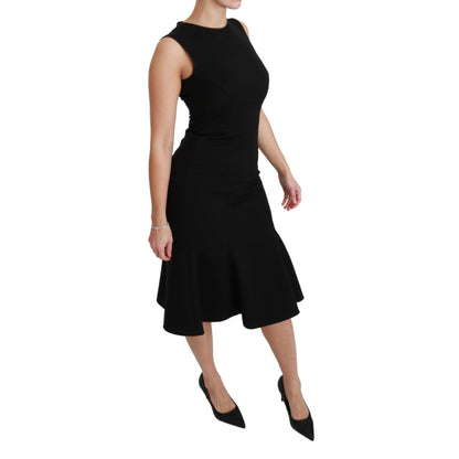 Dolce & Gabbana Black Fit Flare Wool Stretch Sheath Dress