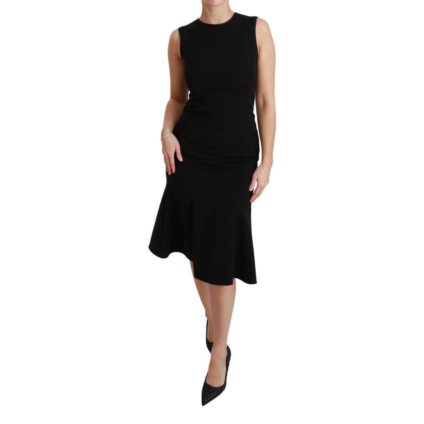 Dolce & Gabbana Black Fit Flare Wool Stretch Sheath Dress