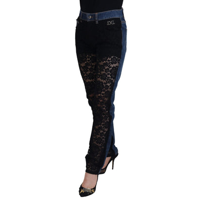 Dolce & Gabbana Black Floral Lace Front Skinny Denim Jeans