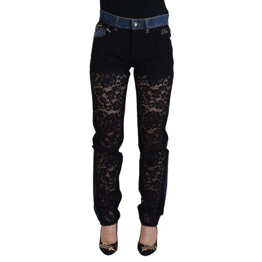 Dolce & Gabbana Black Floral Lace Front Skinny Denim Jeans