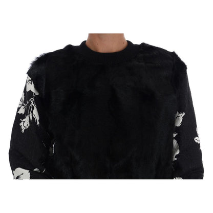 Dolce & Gabbana Black Fur Floral Brocade Zipper Sweater