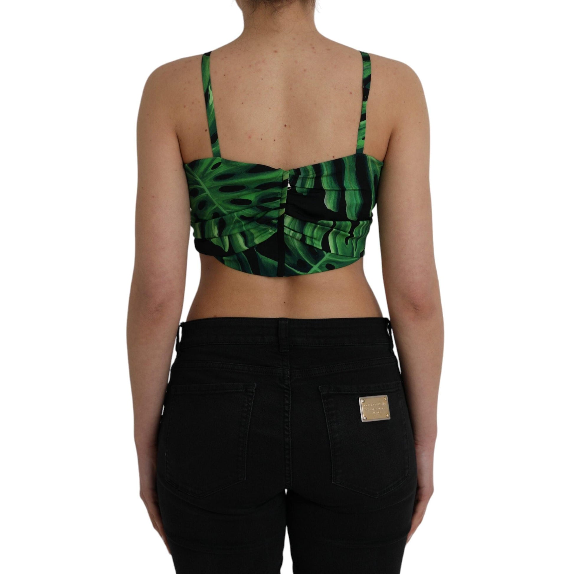 Dolce & Gabbana Black Green Leaf Silk Halter Cropped Top