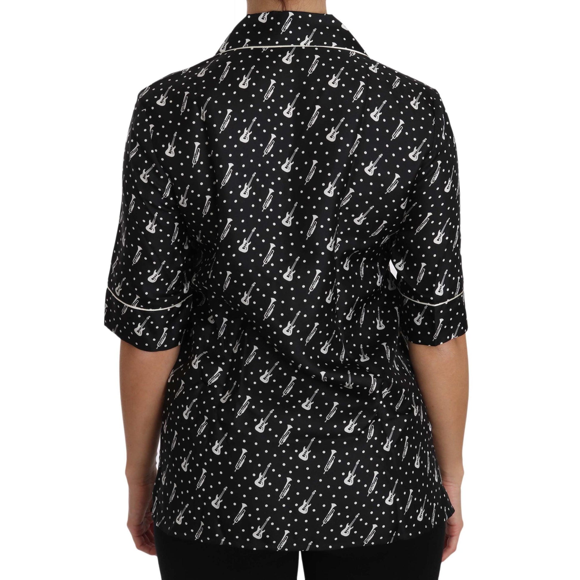 Dolce & Gabbana Black GuitarTrumpet Print Silk Shirt Top