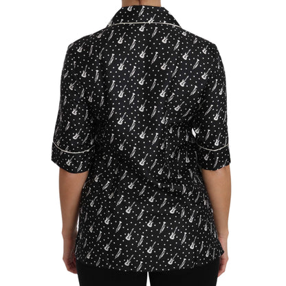 Dolce & Gabbana Black GuitarTrumpet Print Silk Shirt Top
