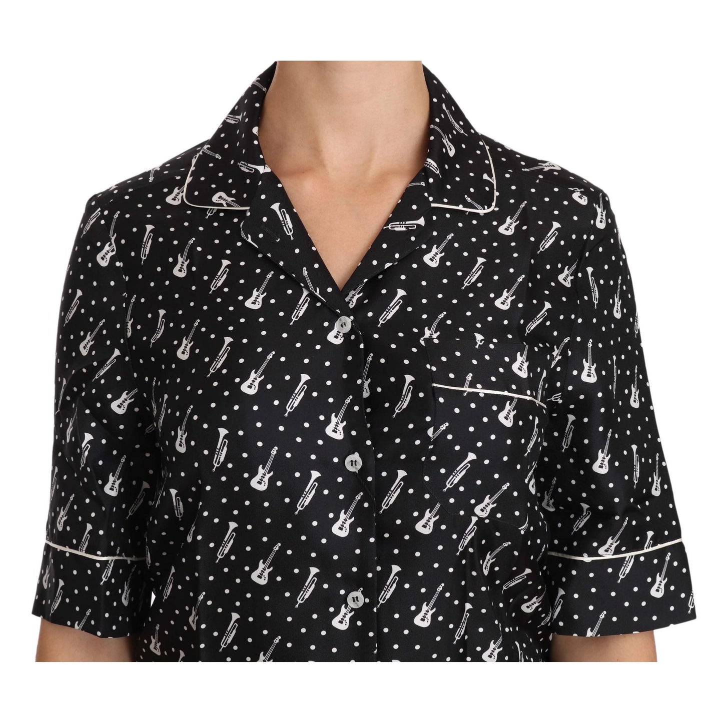 Dolce & Gabbana Black GuitarTrumpet Print Silk Shirt Top