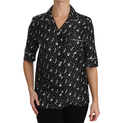 Dolce & Gabbana Black GuitarTrumpet Print Silk Shirt Top