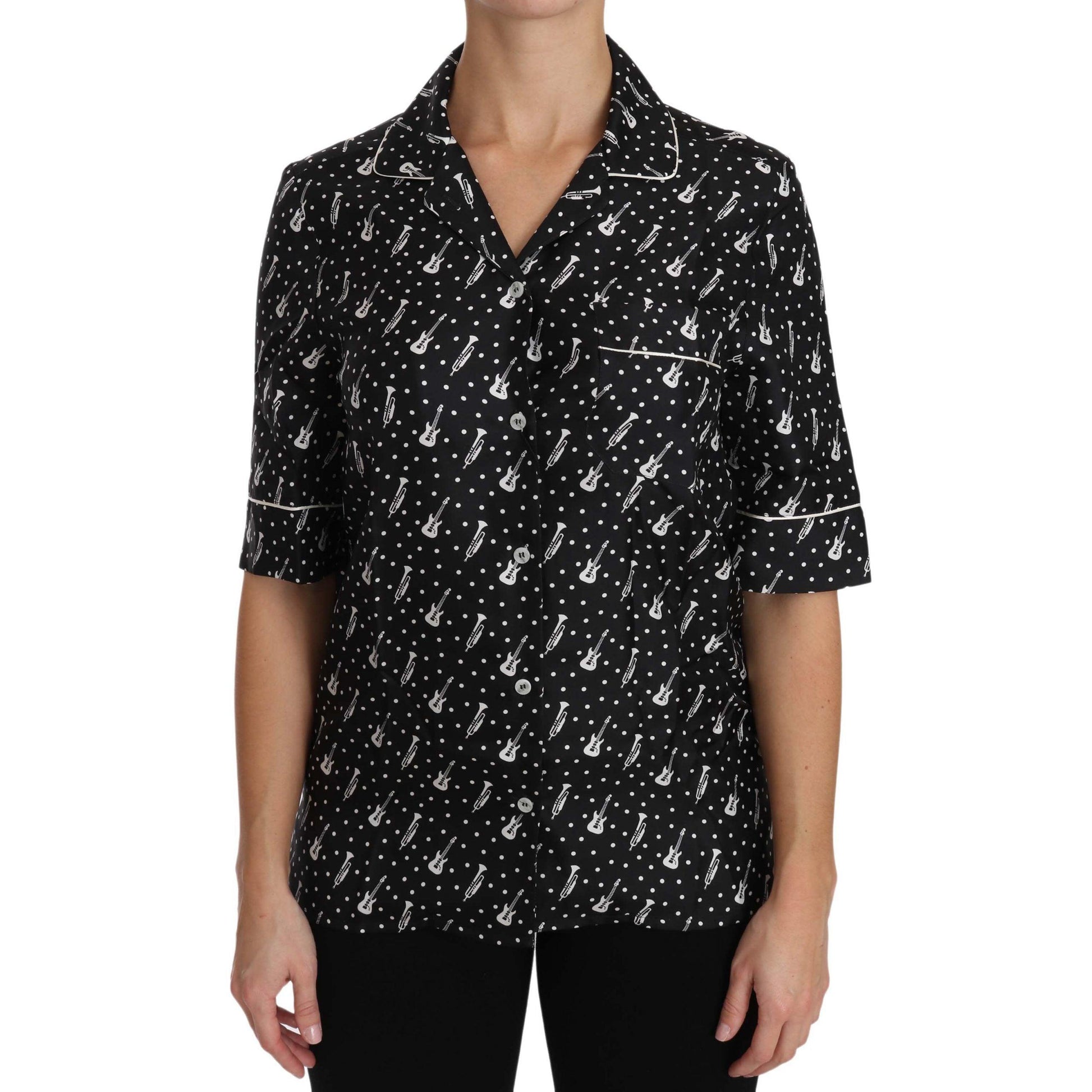 Dolce & Gabbana Black GuitarTrumpet Print Silk Shirt Top