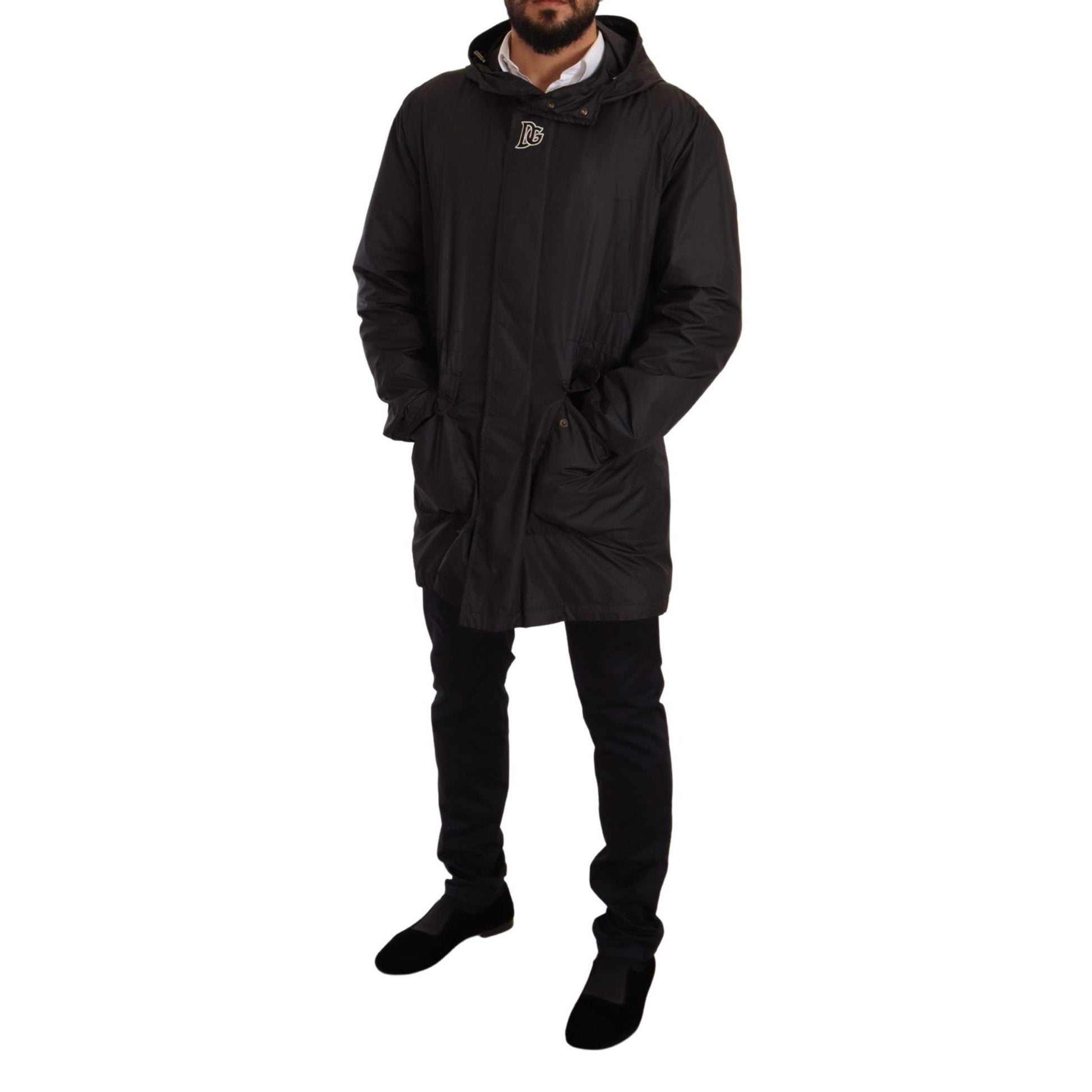 Dolce & Gabbana Black Hooded Mens Trench Coat Jacket