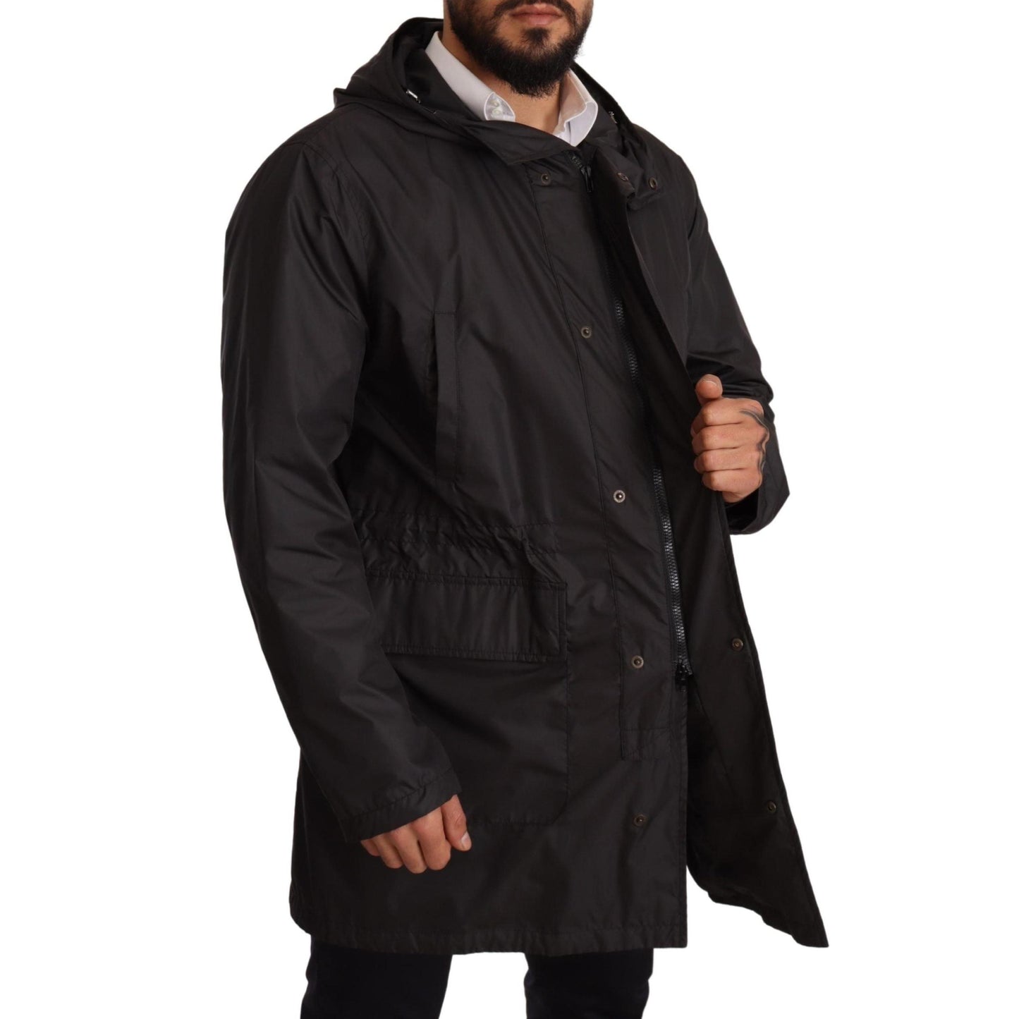 Dolce & Gabbana Black Hooded Mens Trench Coat Jacket