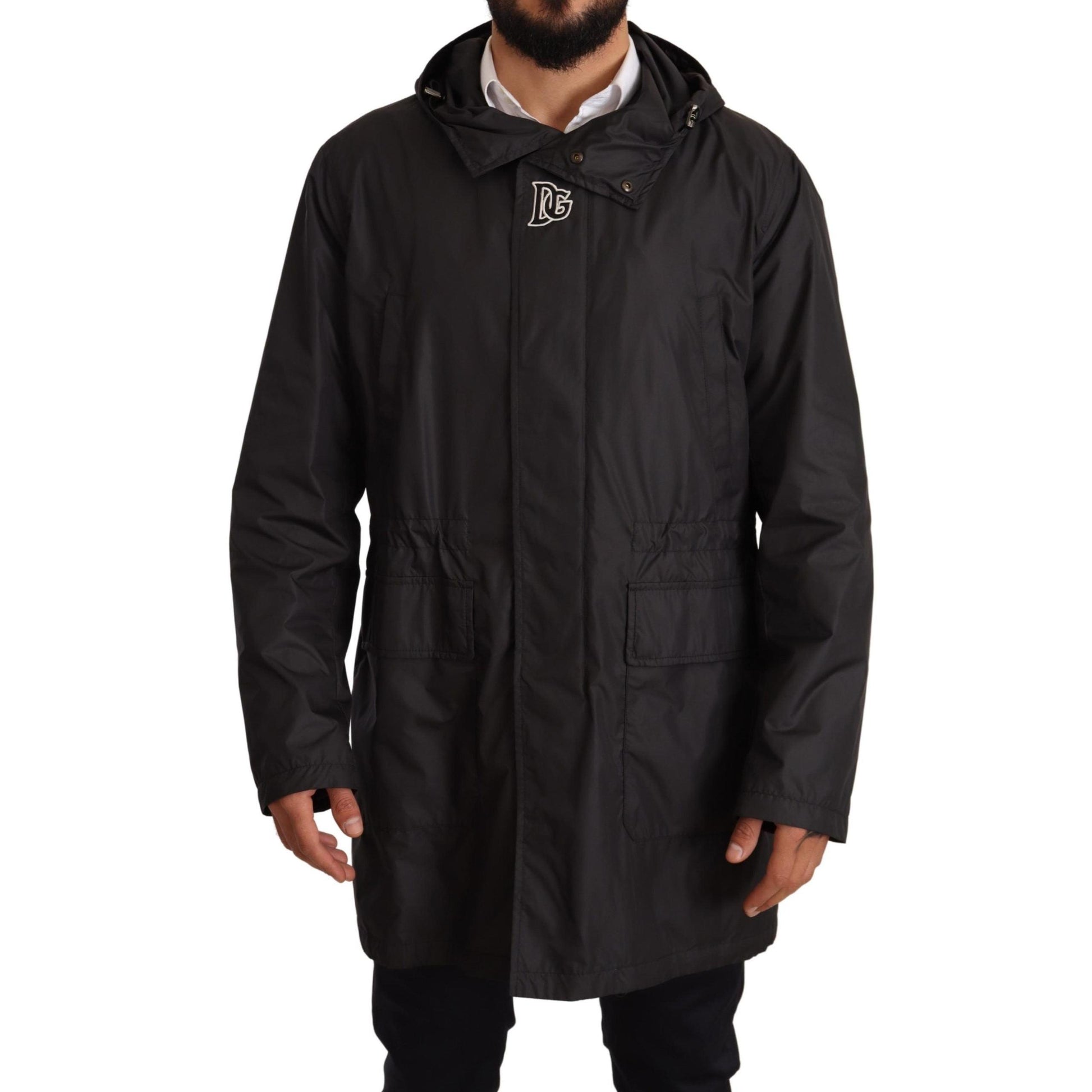 Dolce & Gabbana Black Hooded Mens Trench Coat Jacket