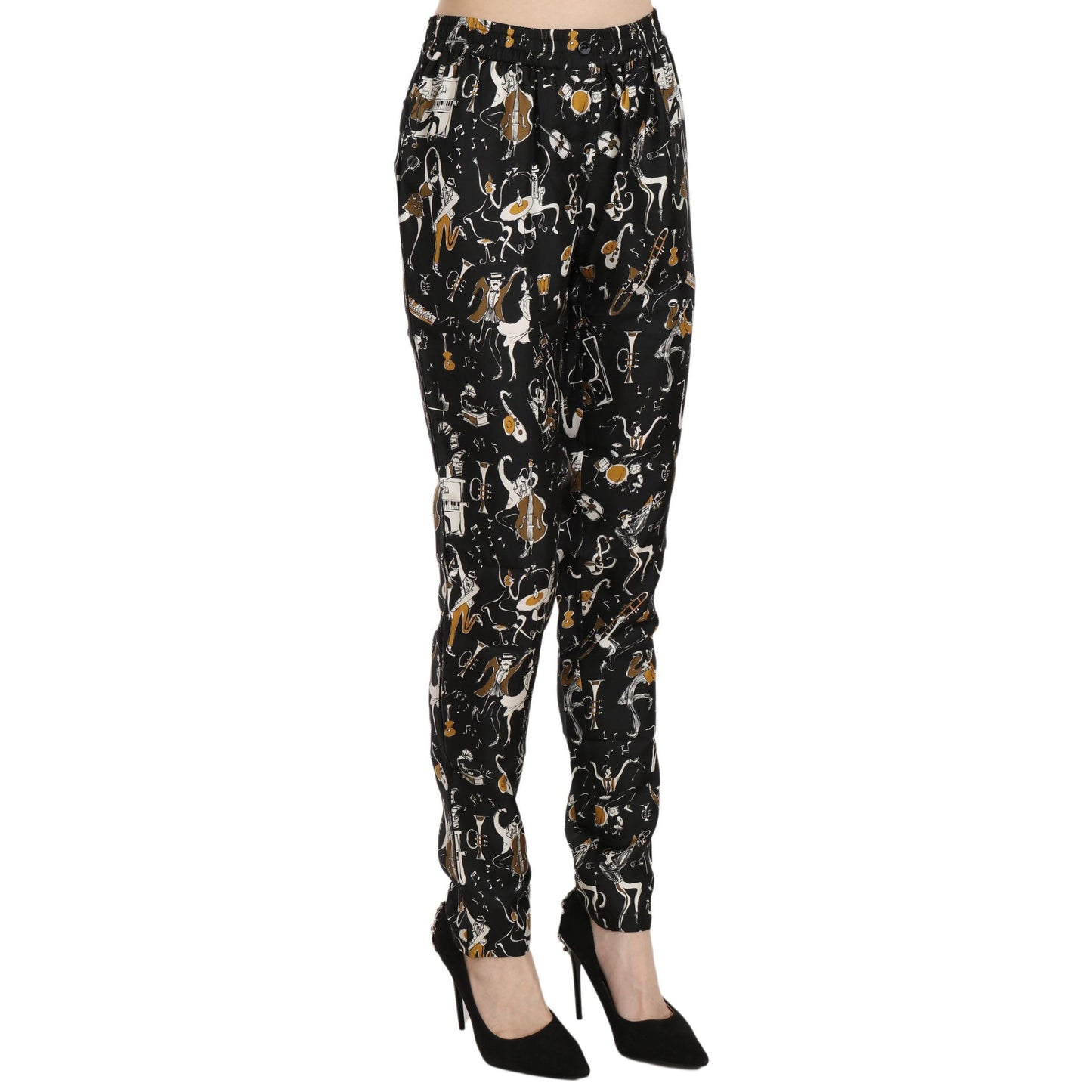 Dolce & Gabbana Black Jazz Club Print High Waist Tapered Pants