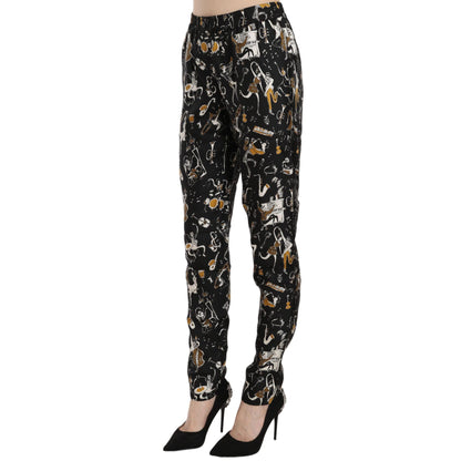 Dolce & Gabbana Black Jazz Club Print High Waist Tapered Pants