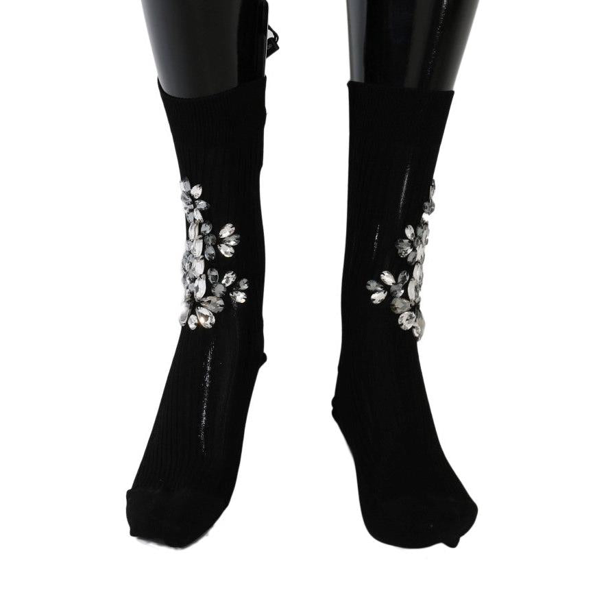 Dolce & Gabbana Black Knitted Floral Clear Crystal Socks