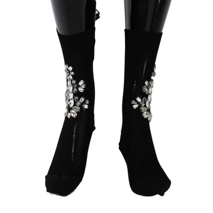 Dolce & Gabbana Black Knitted Floral Clear Crystal Socks