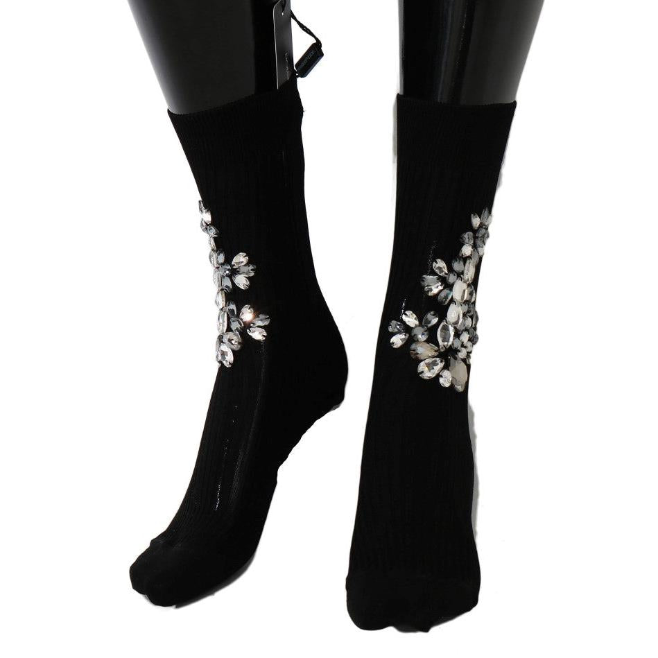 Dolce & Gabbana Black Knitted Floral Clear Crystal Socks