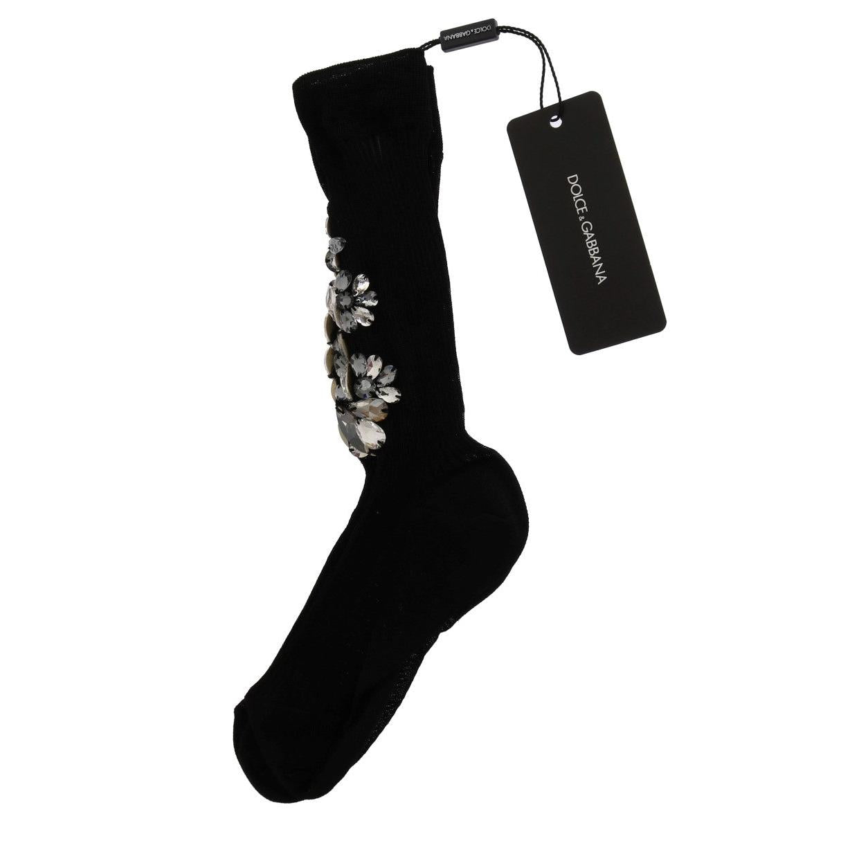 Dolce & Gabbana Black Knitted Floral Clear Crystal Socks