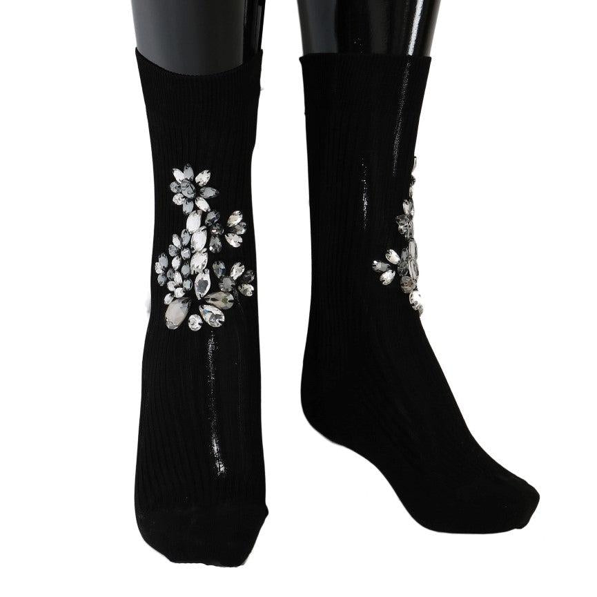 Dolce & Gabbana Black Knitted Floral Clear Crystal Socks