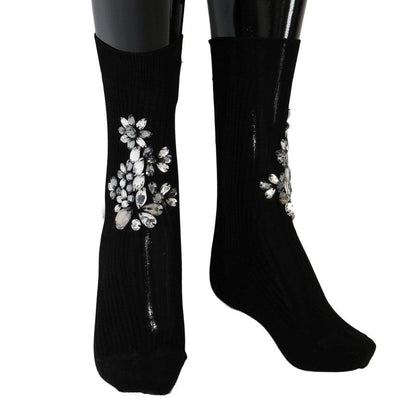 Dolce & Gabbana Black Knitted Floral Clear Crystal Socks