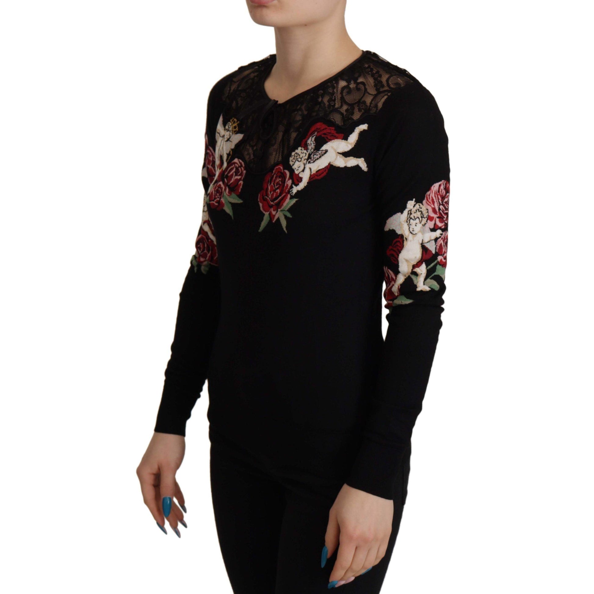 Dolce & Gabbana Black Lace Angel Roses Cardigan Sweater