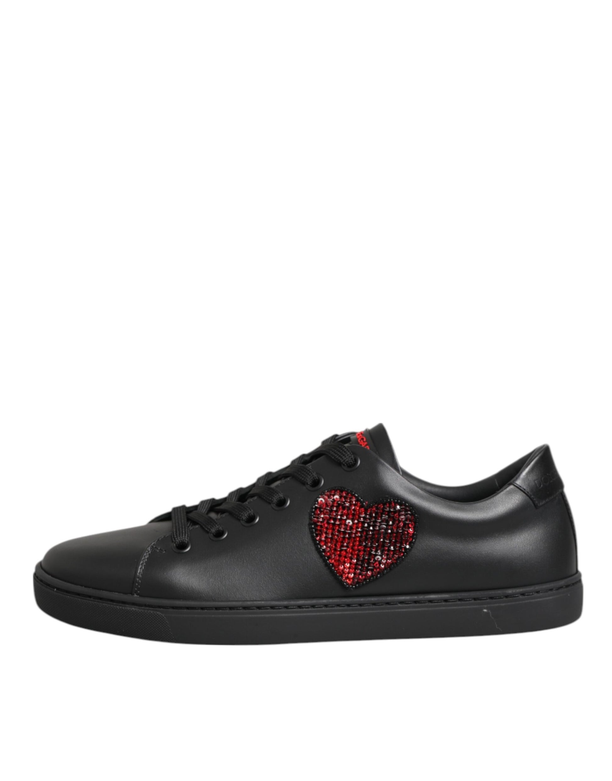 Dolce & Gabbana Black Leather Crystal Heart Low Top Sneakers Shoes