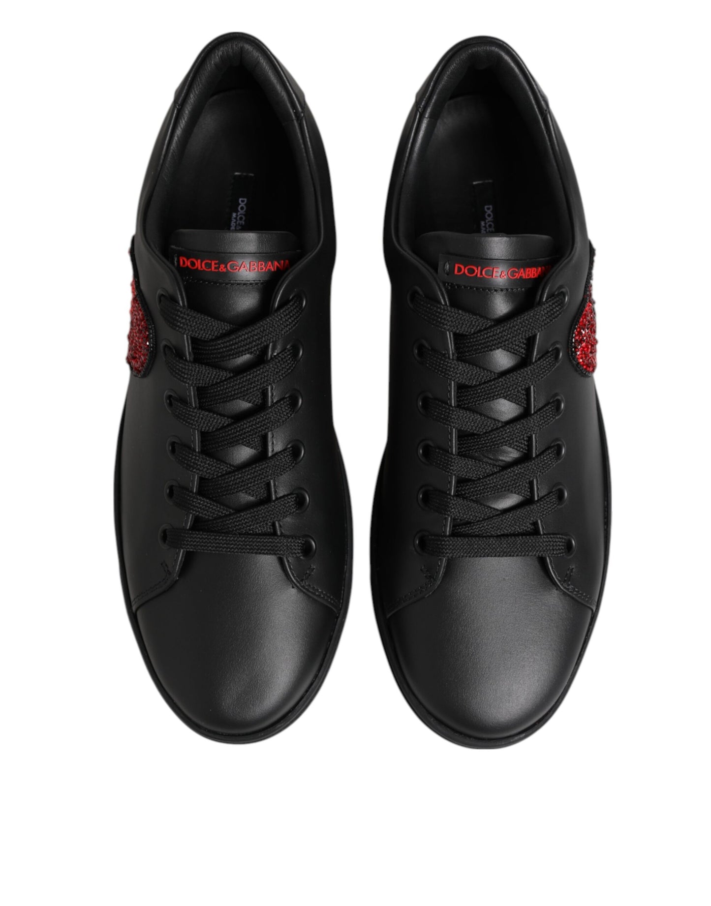 Dolce & Gabbana Black Leather Crystal Heart Low Top Sneakers Shoes