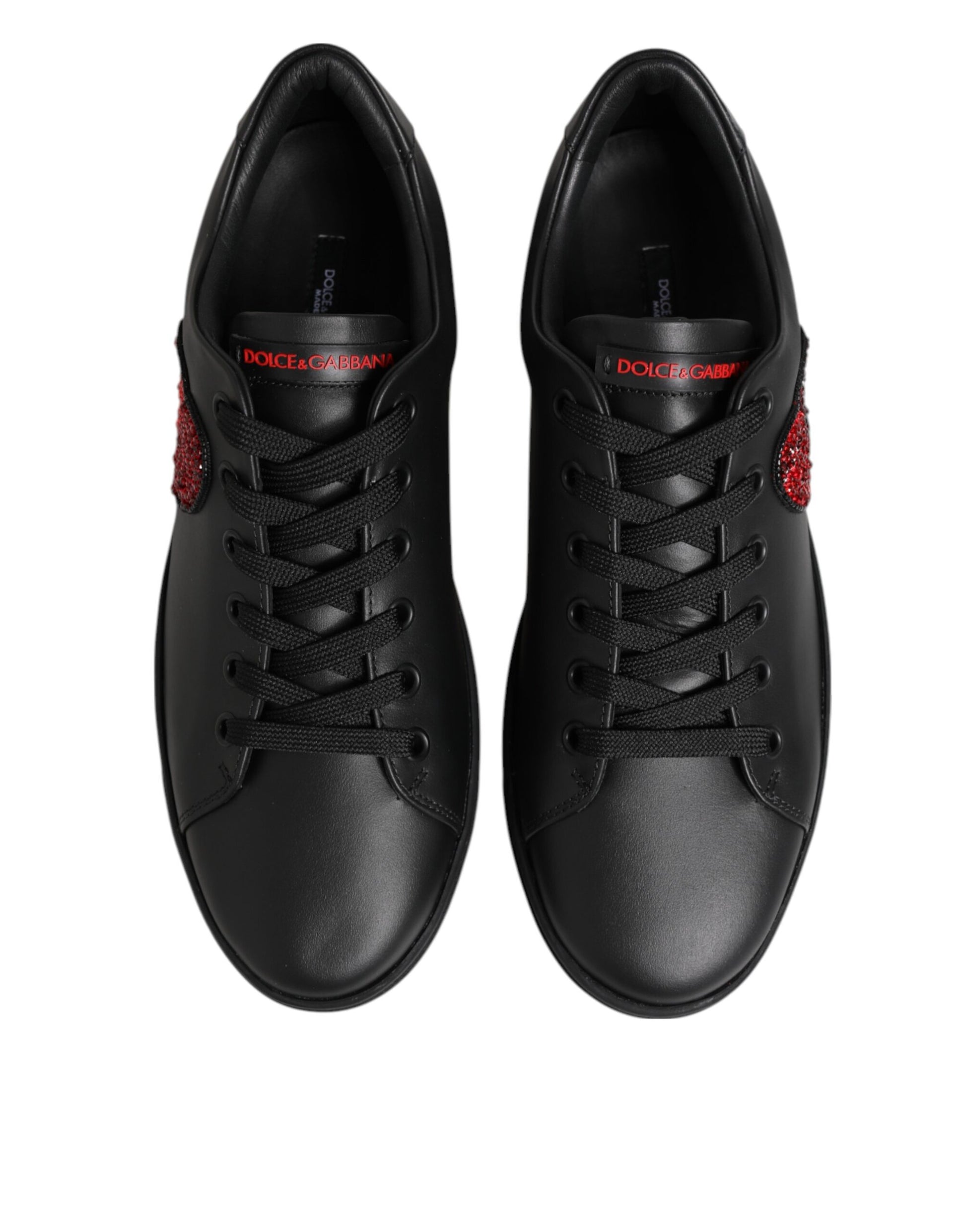 Dolce & Gabbana Black Leather Crystal Heart Low Top Sneakers Shoes