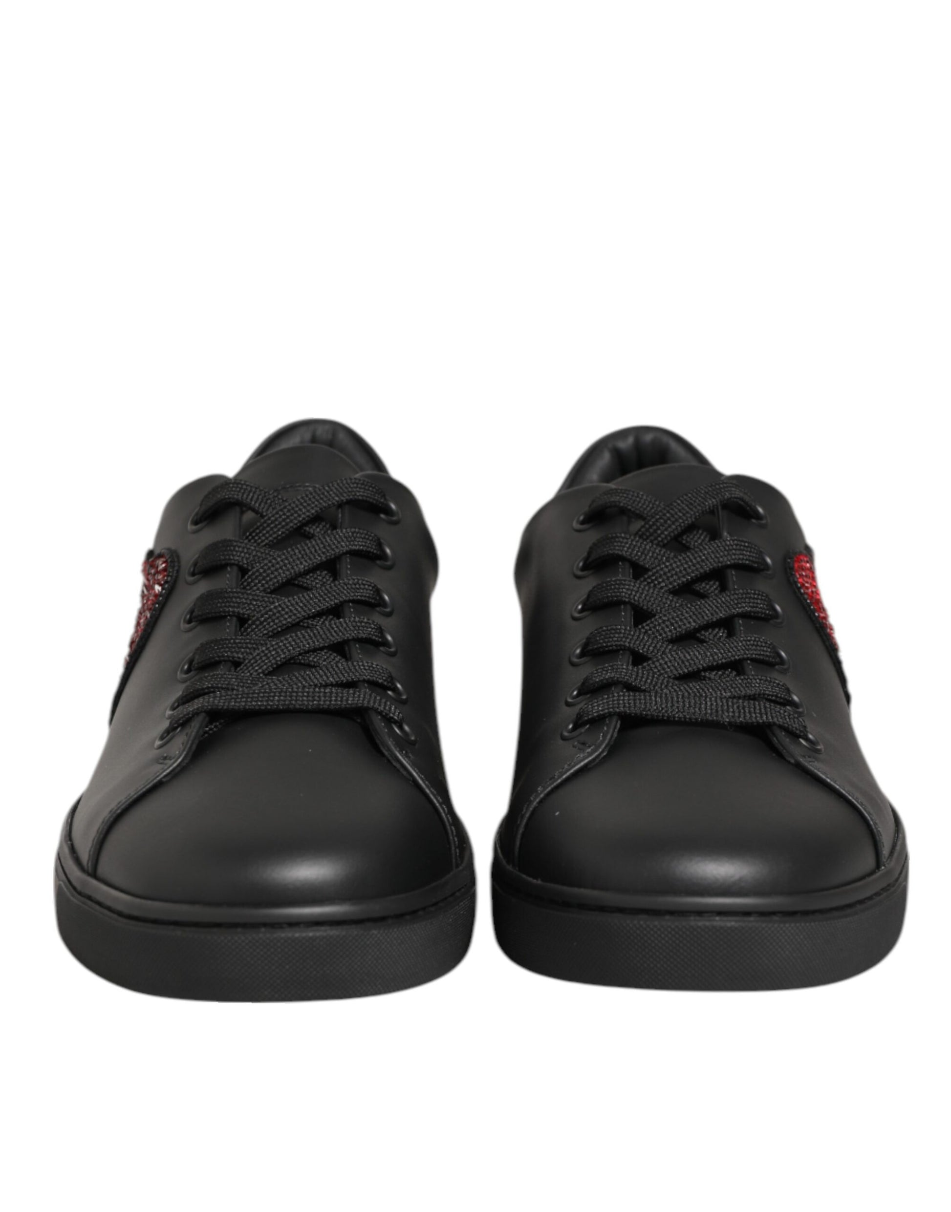 Dolce & Gabbana Black Leather Crystal Heart Sneakers Shoes