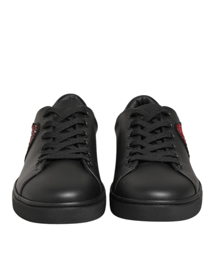Dolce & Gabbana Black Leather Crystal Heart Sneakers Shoes