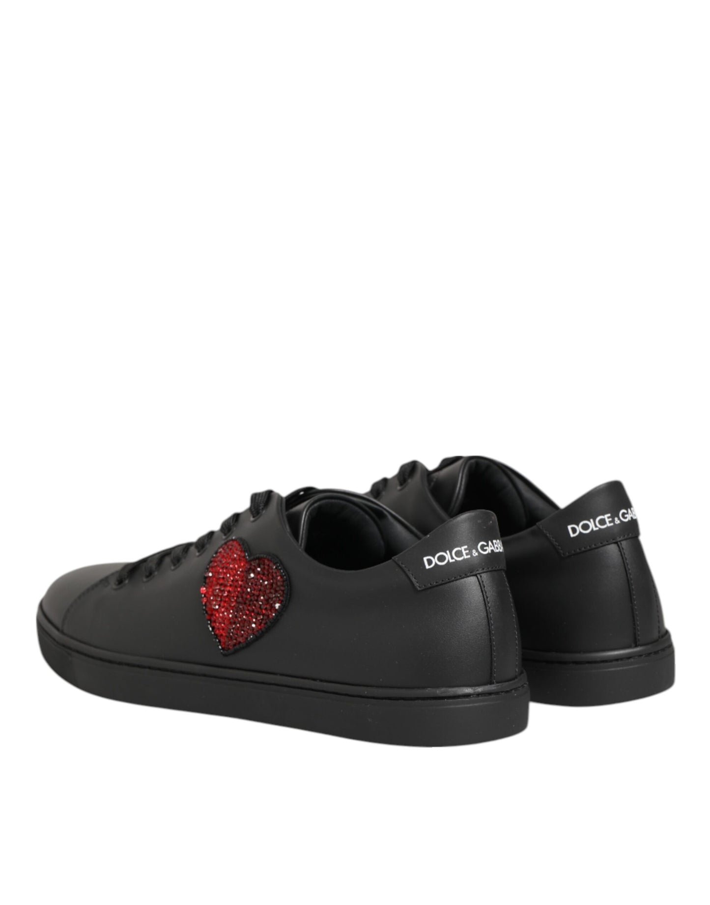 Dolce & Gabbana Black Leather Crystal Heart Sneakers Shoes