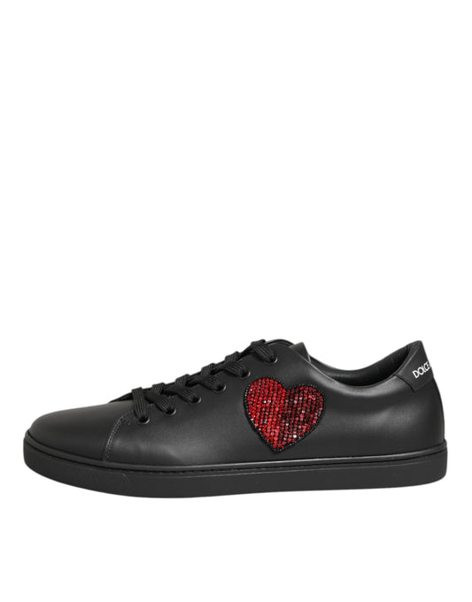 Dolce & Gabbana Black Leather Crystal Heart Sneakers Shoes