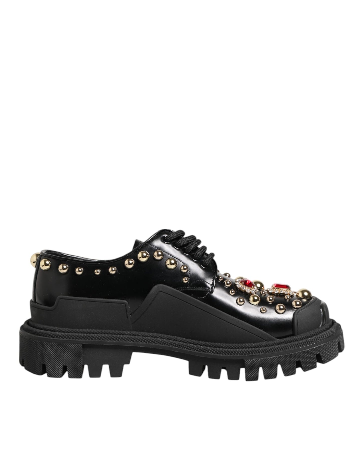 Dolce & Gabbana Black Leather Jeweled Crystals Derby Shoes