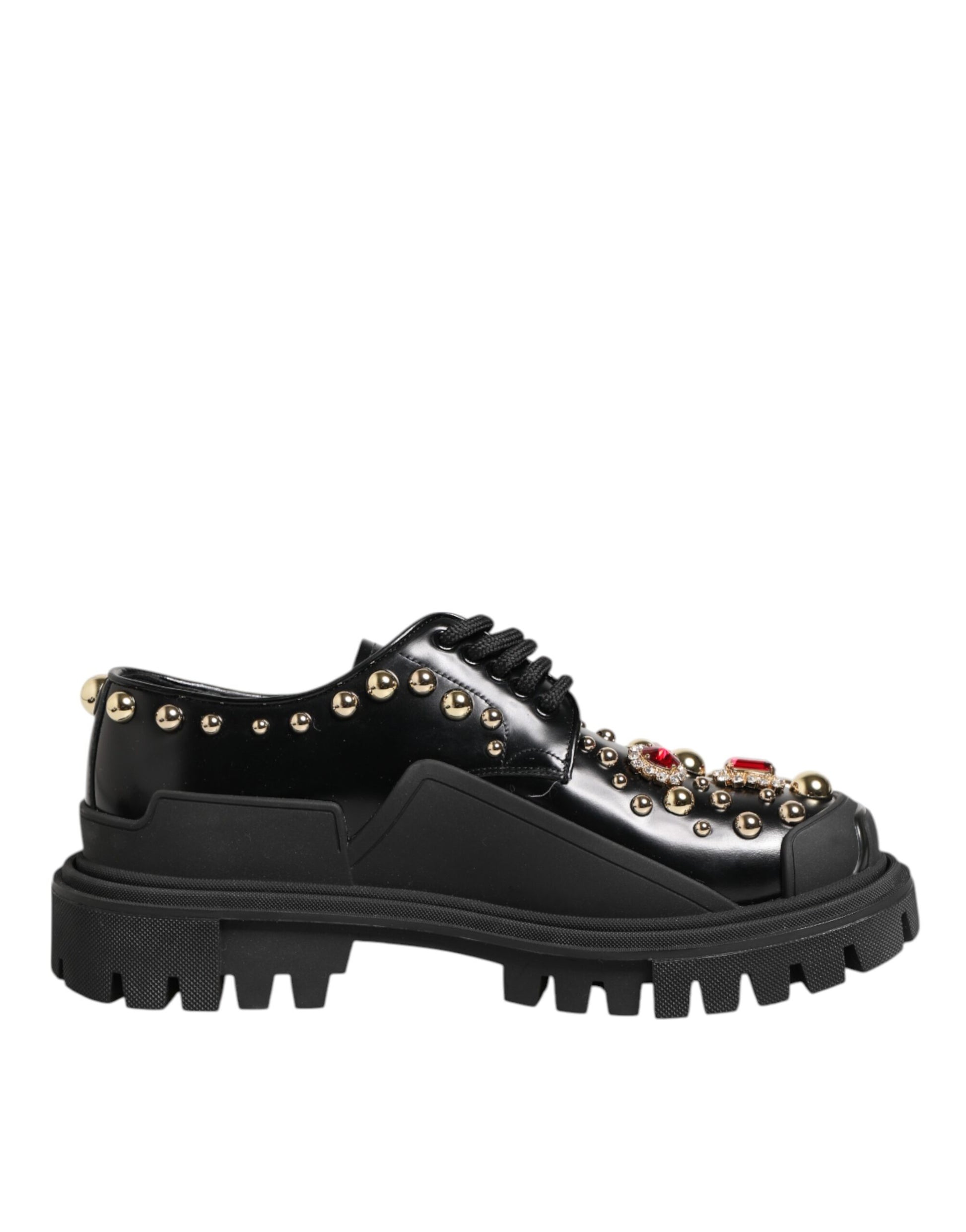 Dolce & Gabbana Black Leather Jeweled Crystals Derby Shoes